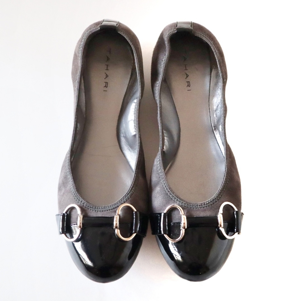 Tahari Gustave Grey Suede Black Patent Cap Flats